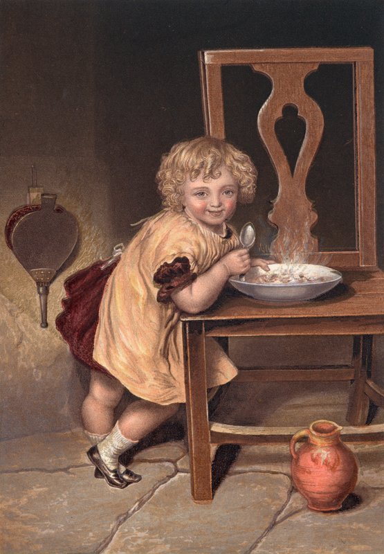 Bambino sorridente che mangia un pasto su una sedia (litografia a colori) da English School