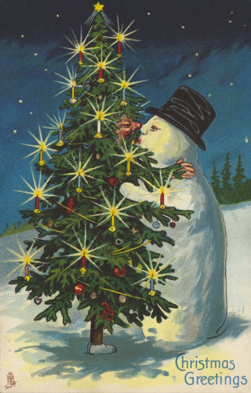 Pupazzo di neve e albero di Natale che si baciano da English School