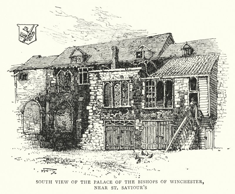 Veduta sud del palazzo dei vescovi di Winchester, vicino a St Saviour