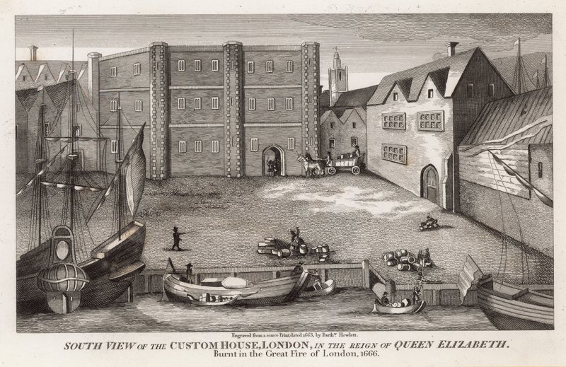 Vista sud della Dogana, Londra, durante il regno della regina Elisabetta da English School