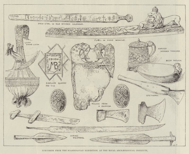 Esemplari dalla Mostra Scandinava, presso il Royal Archaeological Institute (incisione) da English School