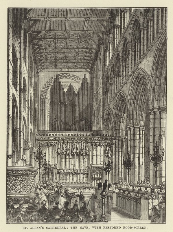 Cattedrale di St Albans, la navata, con schermo del crocifisso restaurato da English School