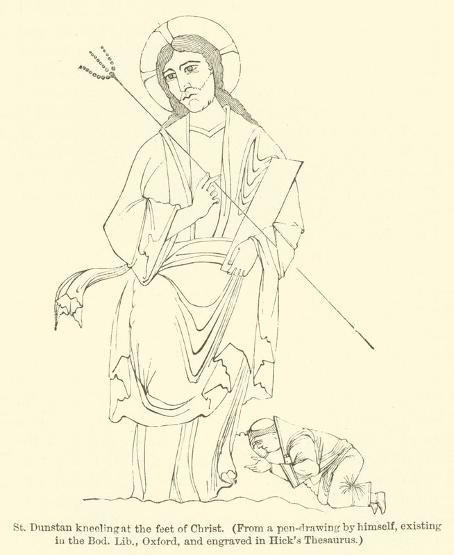 San Dunstan inginocchiato ai piedi di Cristo, da un disegno a penna di se stesso, esistente nella Bod Lib, Oxford, e inciso nel Thesaurus di Hick da English School
