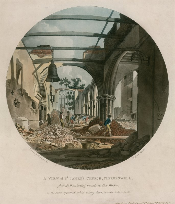 Chiesa di San Giacomo, Clerkenwell, durante la demolizione da English School