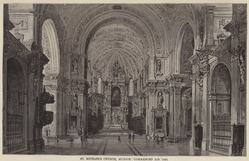 Chiesa di San Michele, Monaco, iniziata nel 1538 d.C. (incisione) da English School