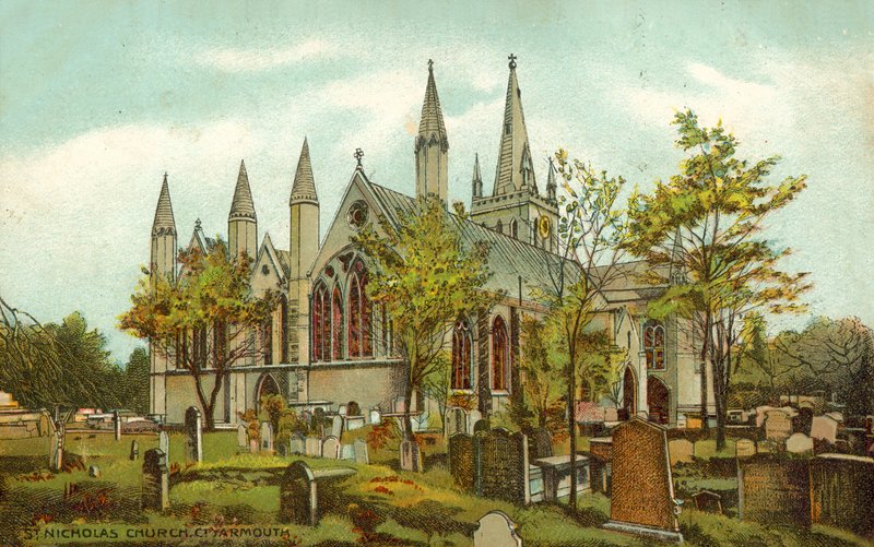 Chiesa di San Nicola, Great Yarmouth (litografia a colori) da English School
