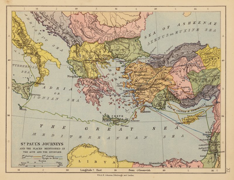 I viaggi di San Paolo e i luoghi menzionati negli Atti e nelle Epistole (litografia a colori) da English School