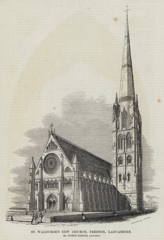 La nuova chiesa di St Walburge, Preston, Lancashire (incisione) da English School