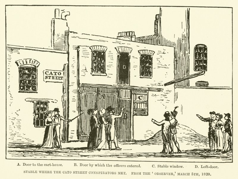 Stalla dove si incontravano i cospiratori di Cato Street, da The Observer, 5 marzo 1820 da English School
