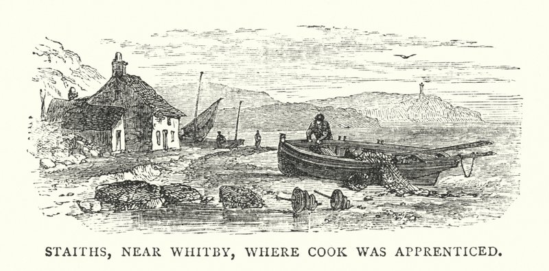 Staiths, vicino a Whitby, dove Cook fu apprendista (incisione a colori) da English School