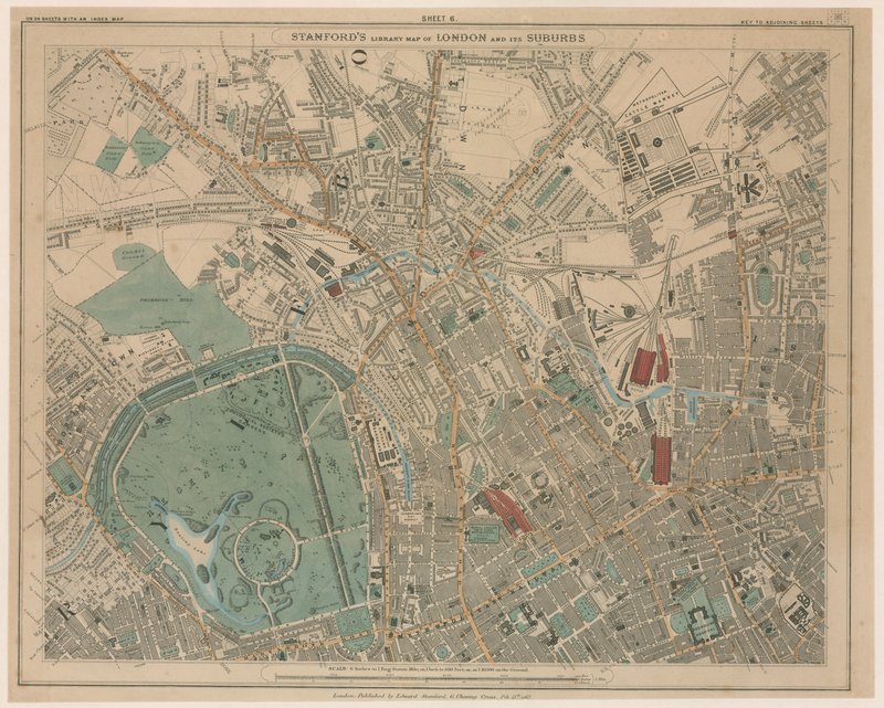 Mappa della Biblioteca di Stanford di Londra e dei suoi sobborghi da English School