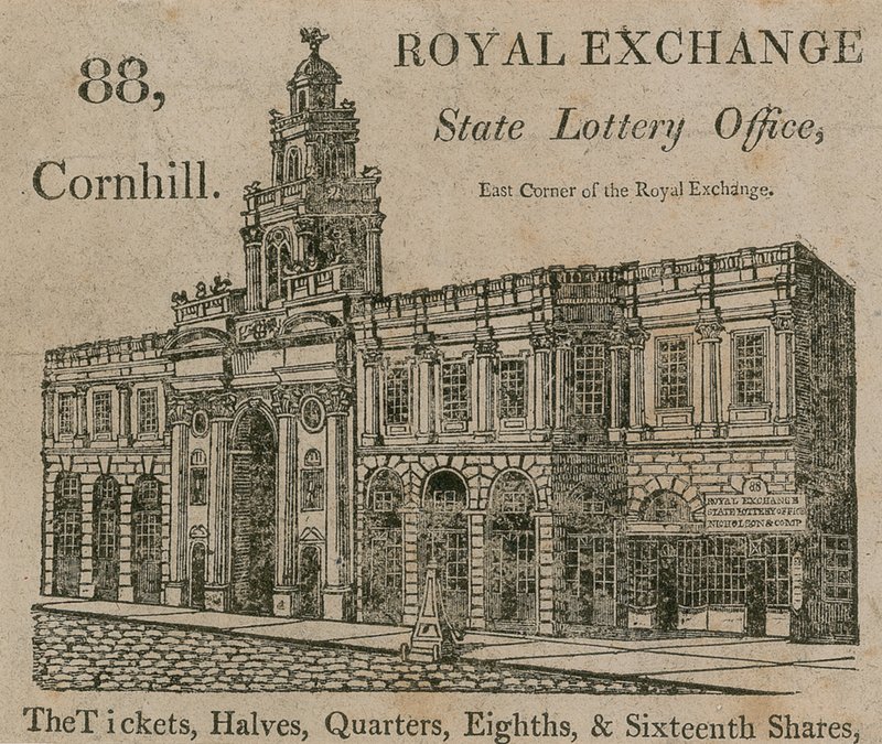 Ufficio della Lotteria di Stato, angolo est della Royal Exchange, 88 Cornhill, Londra da English School