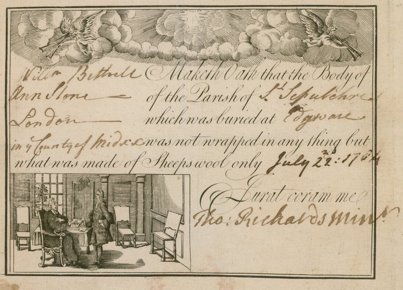 Dichiarazione che Ann Slone è stata sepolta in lana di pecora, 1784 da English School