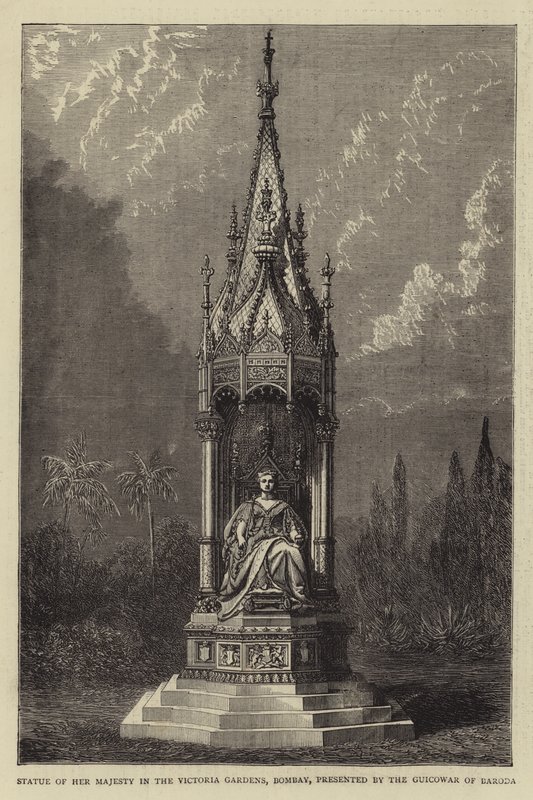 Statua di Sua Maestà nei Giardini Victoria, Bombay, donata dal Guicowar di Baroda (incisione) da English School