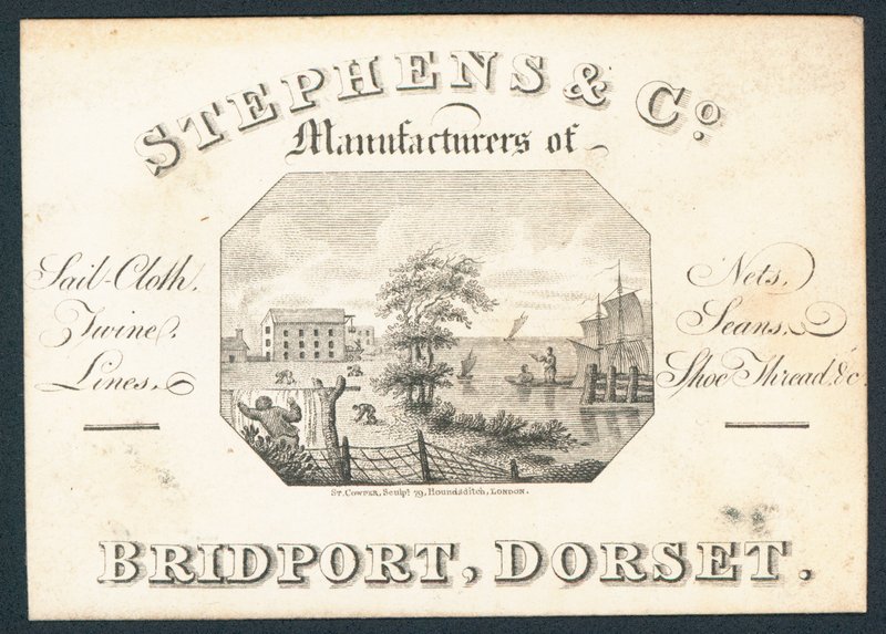 Stephens & Co, produttori di tela per vele, reti, spago, fili e filo per scarpe, biglietto commerciale da English School