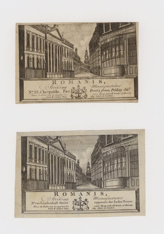 Fabbricanti di calze, Romanis, a Cheapside e poi a Leadenhall Street, biglietto da visita da English School