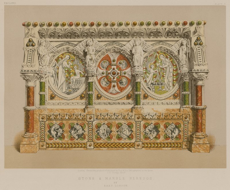 Riederos in pietra e marmo di Earp, Londra (cromolitografia) da English School