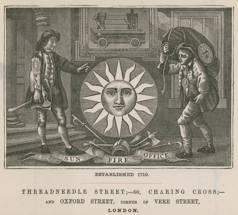Sun Fire Office, Threadneedle Street, 60 Charing Cross, e Oxford Street, Londra da English School