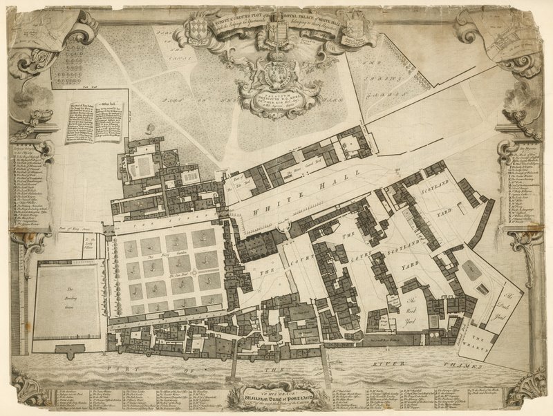 Rilievo e pianta del Palazzo Reale di Whitehall, 1680, con gli alloggi e gli appartamenti appartenenti alle loro Maestà da English School