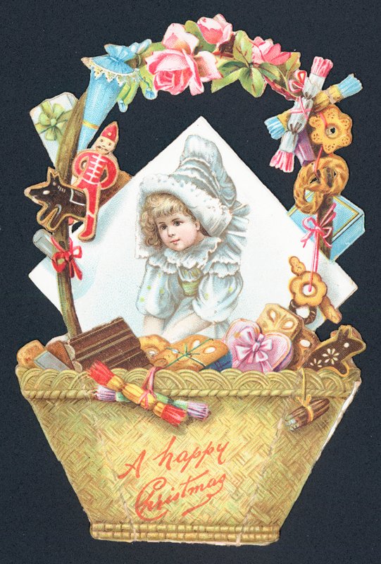 Cestino dolce e immagine di ragazza, cartolina di Natale da English School