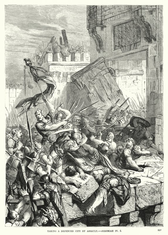 Assalto a una città fortificata, Geremia IV, 5 (incisione) da English School