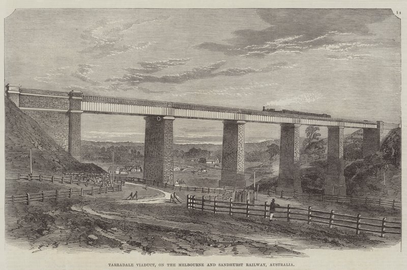 Viadotto di Tarradale, sulla ferrovia Melbourne e Sandhurst, Australia (incisione) da English School