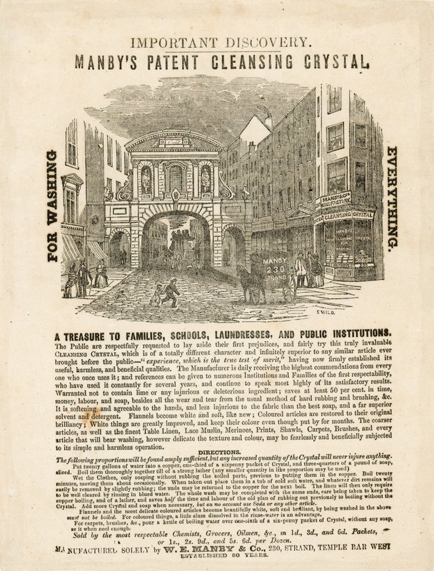 Temple Bar, Londra. Pubblicità del Cristallo di Pulizia Brevettato Manbys da English School