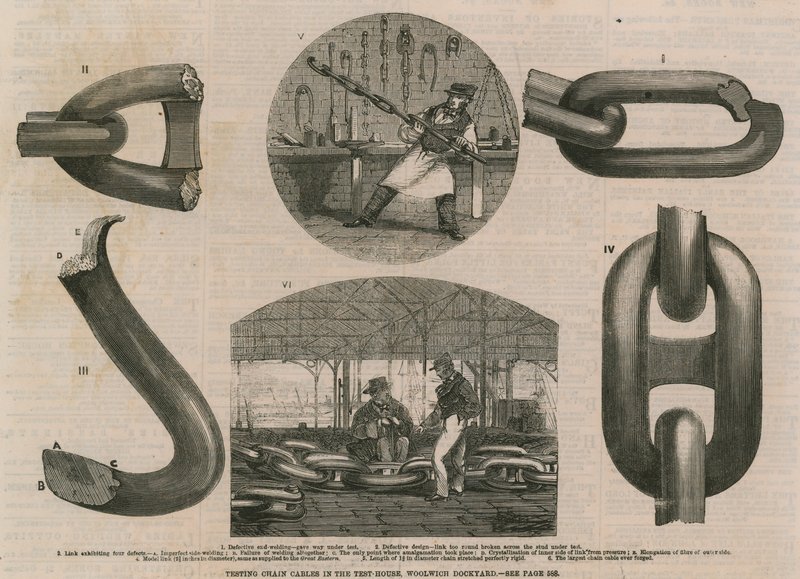 Test di catene e cavi nella Test House, Woolwich Dockyard da English School