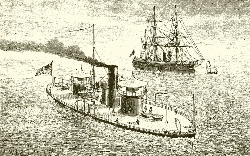 La nave da guerra americana Miantonoma e corazzata da English School