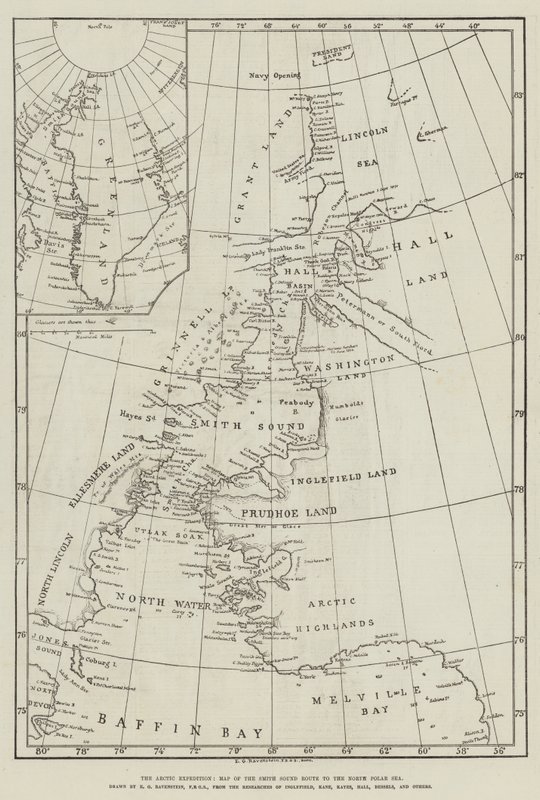 La spedizione artica, mappa del percorso di Smith Sound verso il Mare Polare Nord da English School