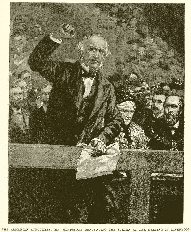 Le atrocità armene: Mr. Gladstone denuncia il Sultano alla riunione a Liverpool da English School