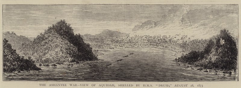 La guerra Ashantee, vista di Aquidah, bombardata dalla HMS "Druid", 28 agosto 1873 (incisione) da English School