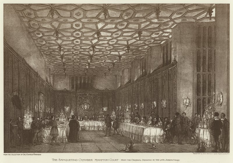 La Sala dei Banchetti, Hampton Court (litografia) da English School