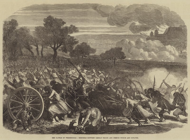 La battaglia di Weissenburg, lotta tra truppe tedesche e turcos e zuavi francesi da English School