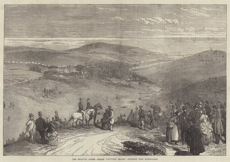 La revisione dei volontari del lunedì di Pasqua a Brighton, lotta vicino a Rottingdean (incisione) da English School