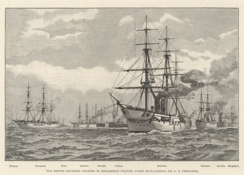 Lo Squadrone Britannico in crociera nel Canale di Mozambico sotto il Contrammiraglio Sir E R Fremantle (incisione) da English School
