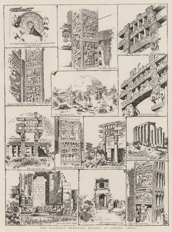 I tumuli commemorativi buddisti a Sanchi, India (incisione) da English School