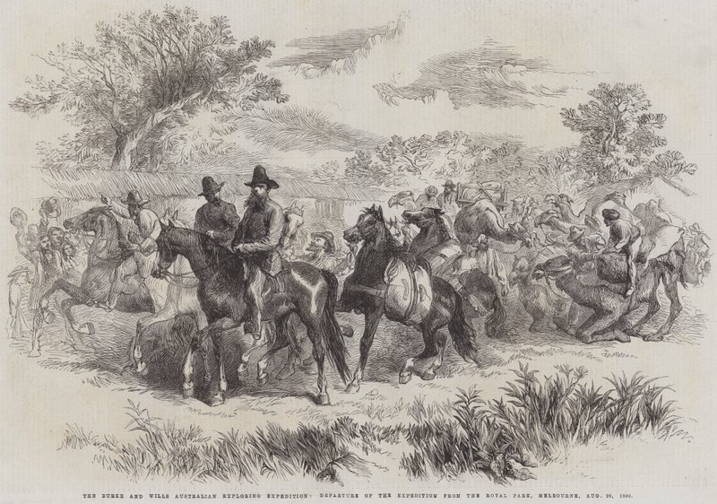 La spedizione esplorativa australiana di Burke e Wills, partenza della spedizione dal Royal Park, Melbourne, 20 agosto 1860 (incisione) da English School