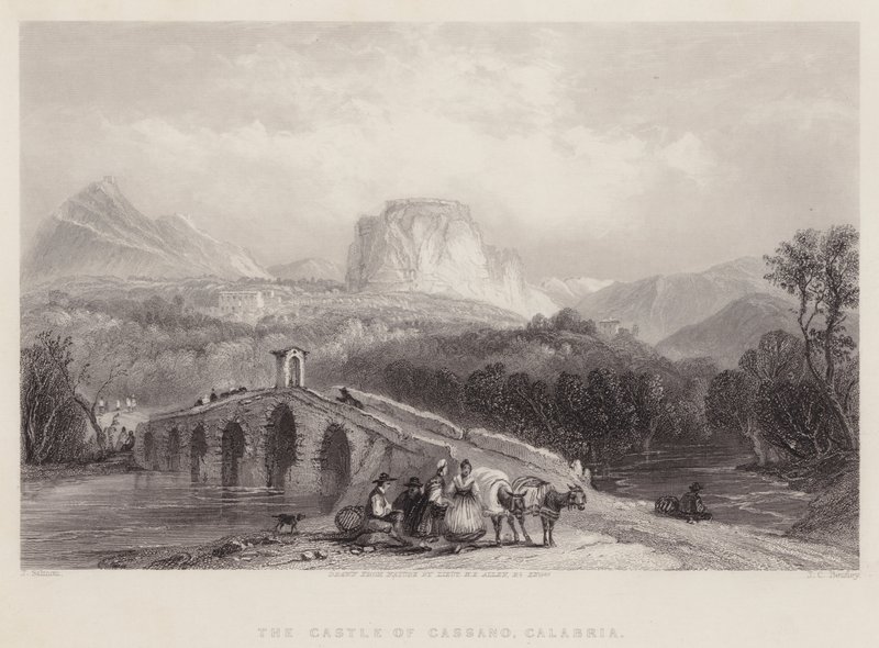 Il castello di Cassano, Calabria (incisione) da English School