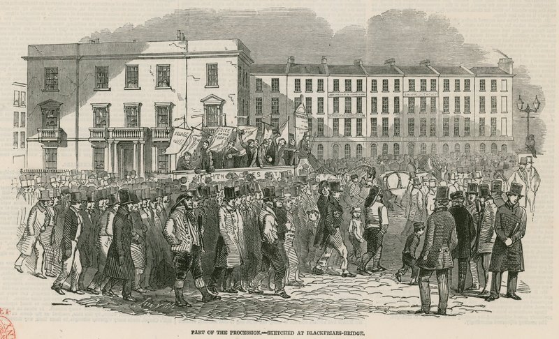 La riunione dei Chartisti a Kennington Common nel 1848, parte della processione - schizzata a Blackfriars Bridge da English School