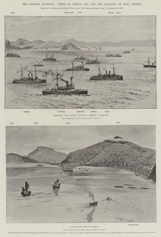 La questione cinese, vedute della Baia di Chefoo e del porto di Port Arthur (litografia) da English School