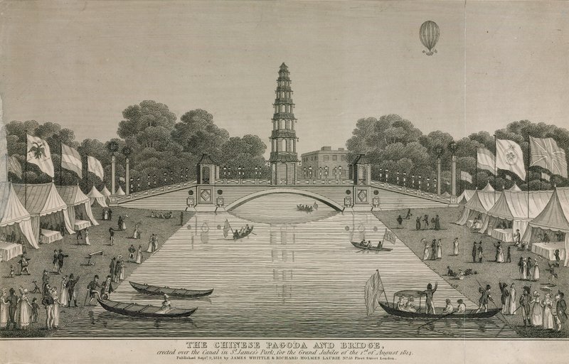 La pagoda cinese e il ponte eretti sul canale in St Jamess Park per il Grand Jubilee, 1814 da English School