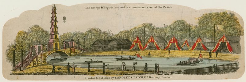 La pagoda cinese e il ponte eretti sul canale in St Jamess Park per la commemorazione della Pace, 1 agosto 1814 da English School