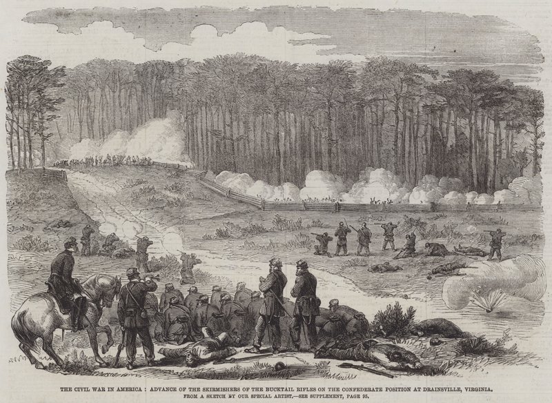 La guerra civile in America, avanzata degli schermagliatori dei Bucktail Rifles sulla posizione confederata a Drainsville, Virginia (incisione) da English School