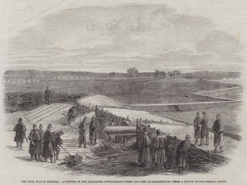 La Guerra Civile in America, una Parte delle Opere e del Campo Confederati Abbandonati a Centreville (incisione) da English School
