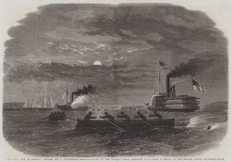 La guerra civile in America, taglio di una galleria di dispacci confederati sul Potomac vicino a Freestone Point (incisione) da English School