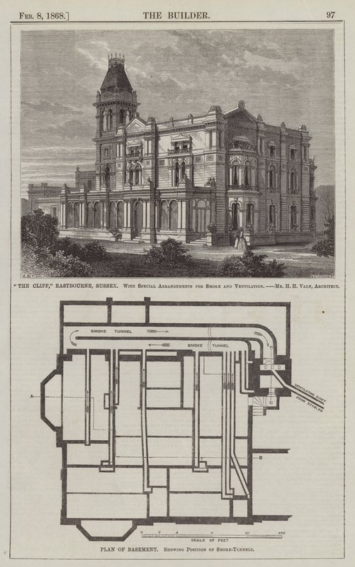 "The Cliff," Eastbourne, Sussex, con Disposizioni Speciali per Fumo e Ventilazione, Mr H H Vale, Architetto (incisione) da English School