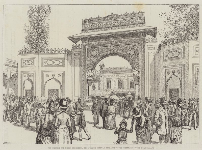 Esposizione coloniale e indiana, il portale di Gwalior, ingresso al cortile del palazzo indiano (incisione) da English School