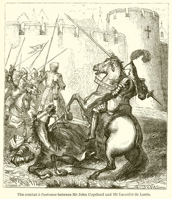 Il combattimento e la resistenza tra Sir John Copeland e Sir Lancelot de Lorris da English School