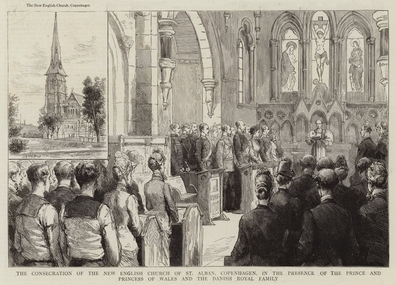 La consacrazione della nuova chiesa inglese di St Alban, Copenaghen, alla presenza del Principe e della Principessa di Galles e della famiglia reale danese da English School